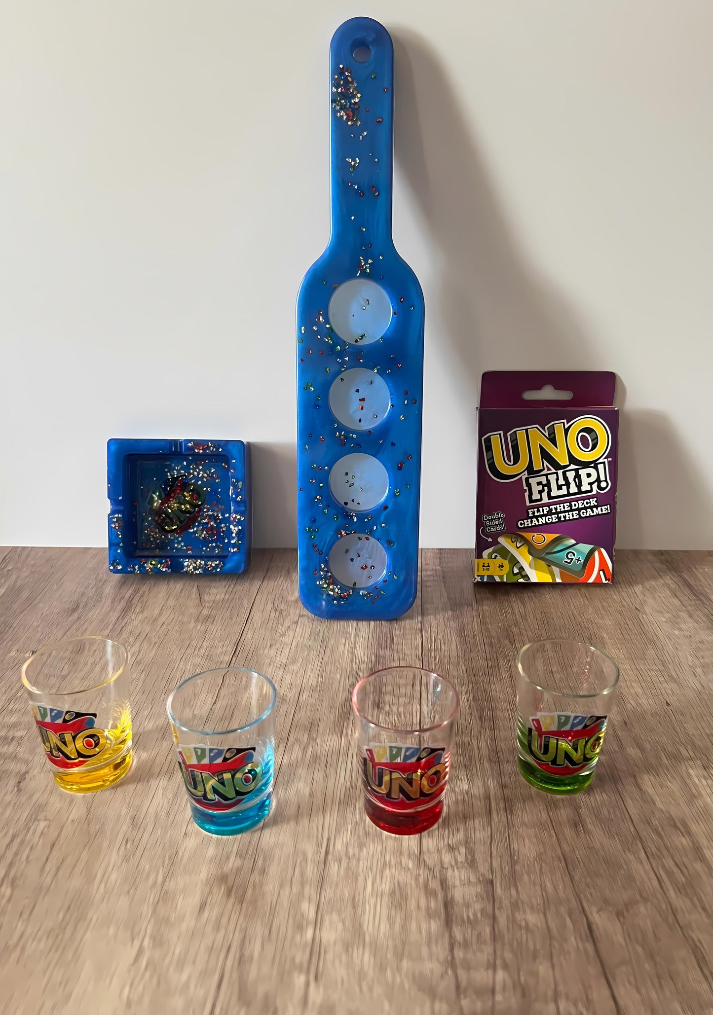 Flip the Card Game and Customized Drink Flight Board with Shot Glasses