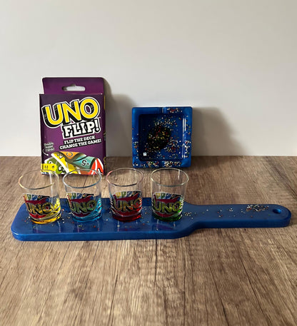 Flip the Card Game and Customized Drink Flight Board with Shot Glasses