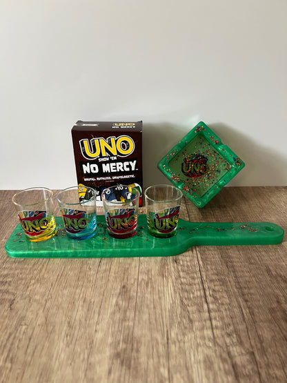 Mercy Card Game and Customized Drink Flight Board with Shot Glasses