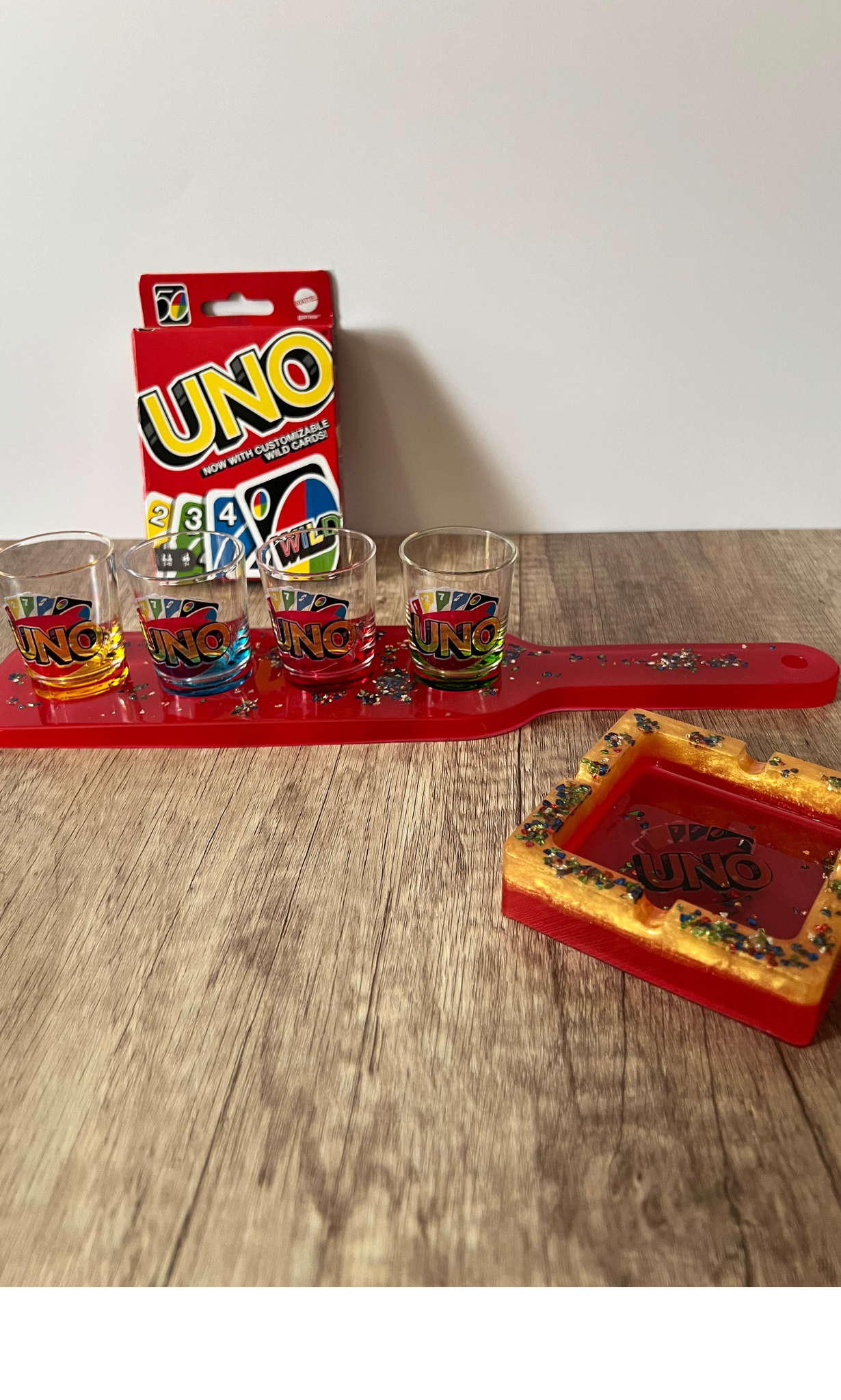 Card Game and Customized Drink Flight Board with Shot Glasses