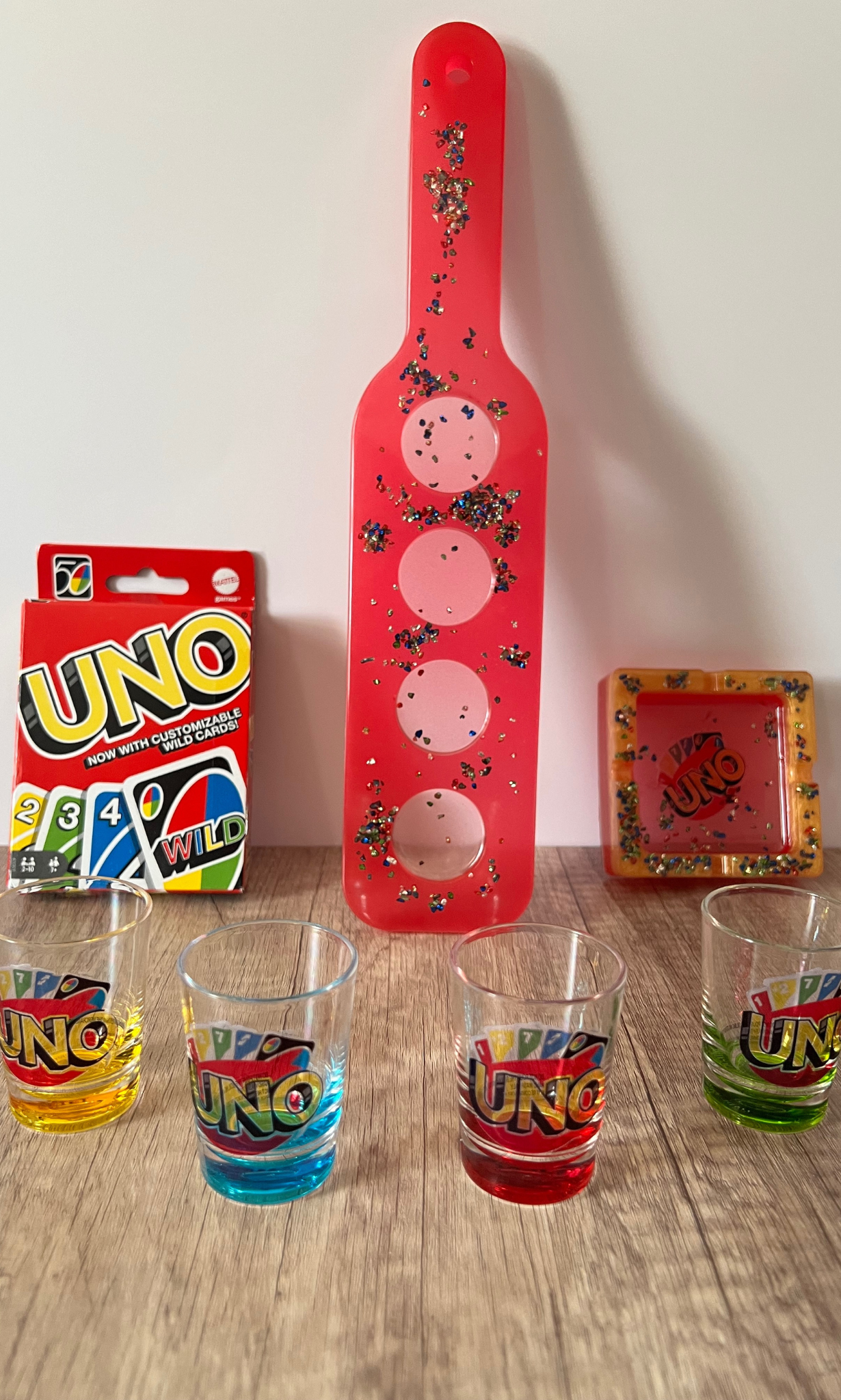 Card Game and Customized Drink Flight Board with Shot Glasses